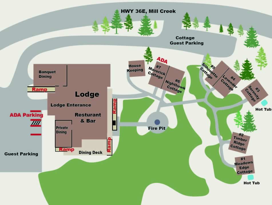 ADA map of the property showing the cottages and the main lodge